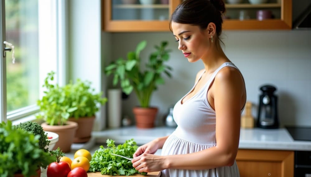Femme enceinte préparant un bon repas vitaminé