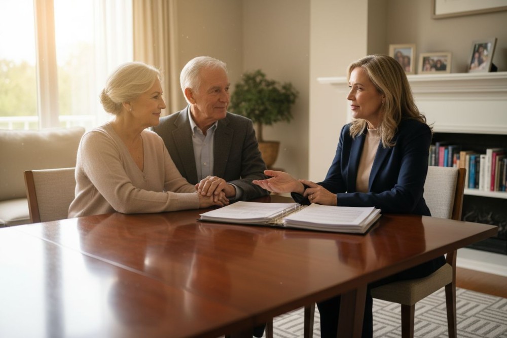 Couple préparant une assurance obsèques chez l'assureur