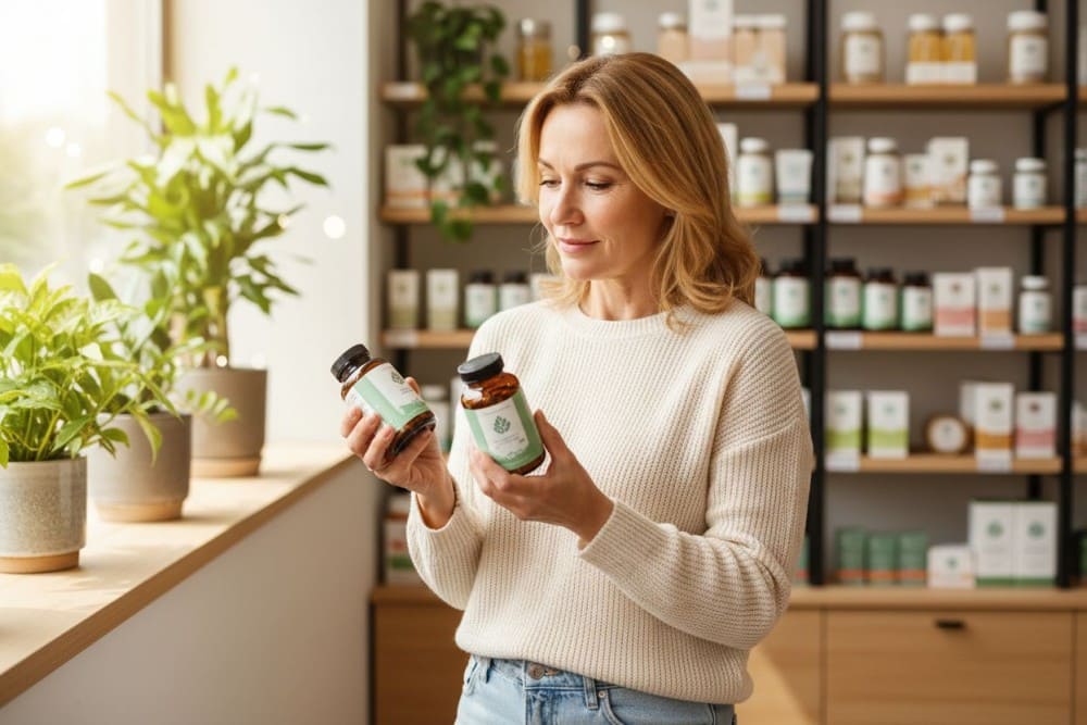 Femme prenant des compléments alimentaires pour la ménopause