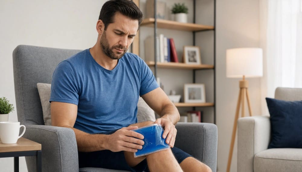 Homme appliquant une poche de glace sur son genou droit
