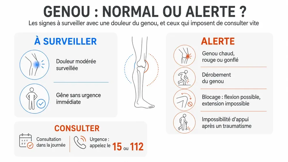 GENOU : NORMAL OU ALERTE ?. Les signes à surveiller avec une douleur du genou, et ceux qui imposent de consulter vite