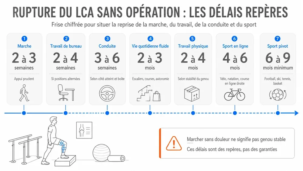 Frise chronologique des délais de récupération après rupture du LCA sans opération, de la phase aiguë à la reprise du sport pivot.