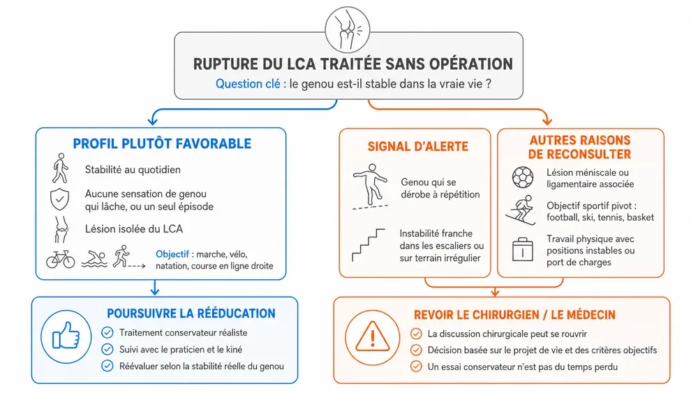 Arbre de décision pour distinguer un bon candidat au traitement conservateur, un genou instable et le moment où reconsulter pour chirurgie.