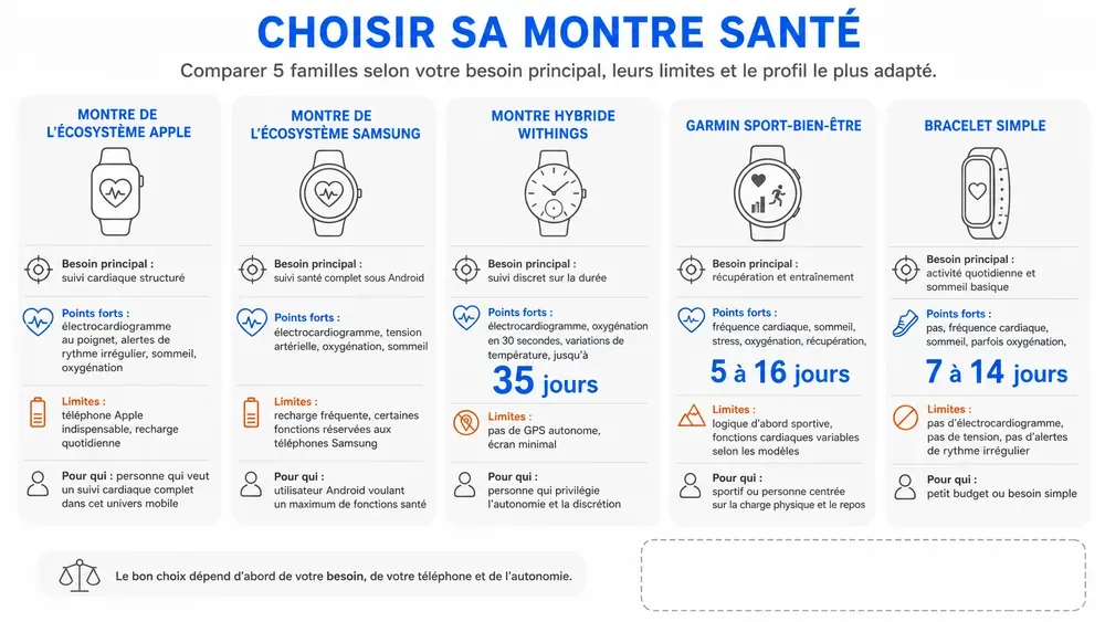 Comparatif de cinq familles de montres connectées santé selon le besoin principal, les points forts, les limites et l’autonomie.