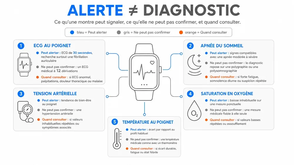 Tableau montrant ce qu’une montre peut alerter, ce qu’elle ne peut pas confirmer, et quand consulter pour l’ECG, l’apnée, la tension, la SpO₂ et la température.