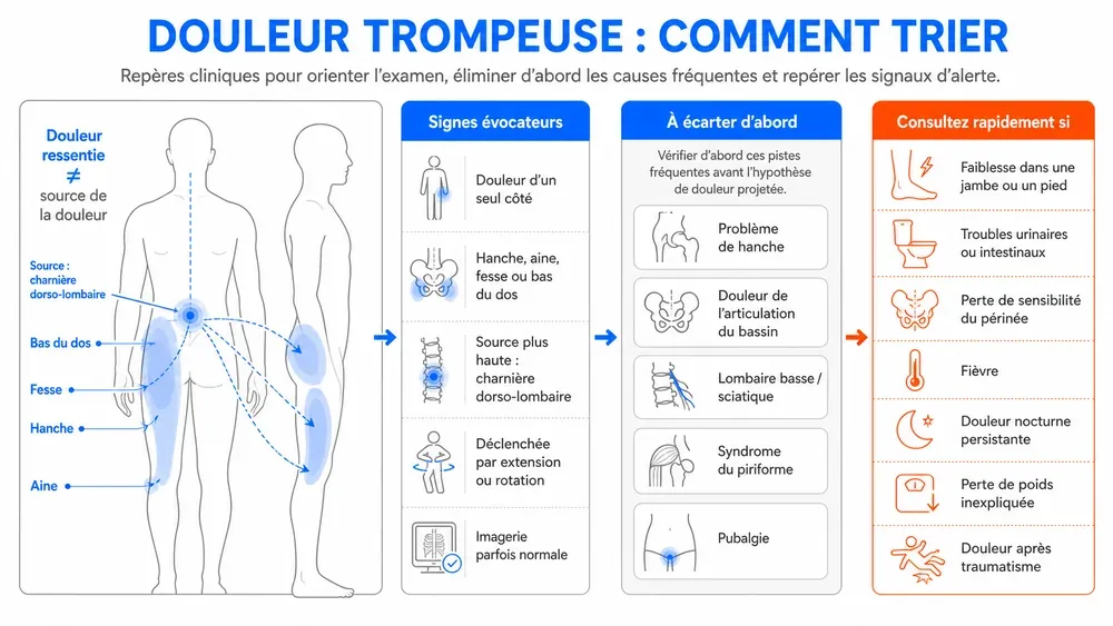 DOULEUR TROMPEUSE : COMMENT TRIER. Repères cliniques pour orienter l’examen, éliminer d’abord les causes fréquentes et repérer les signaux d’alerte.