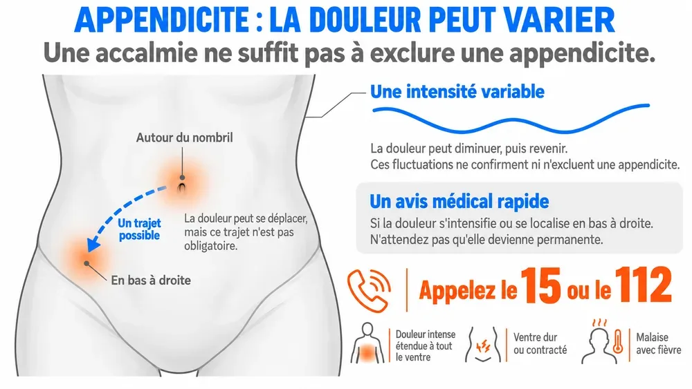 APPENDICITE : LA DOULEUR PEUT VARIER. Une accalmie ne suffit pas à exclure une appendicite.