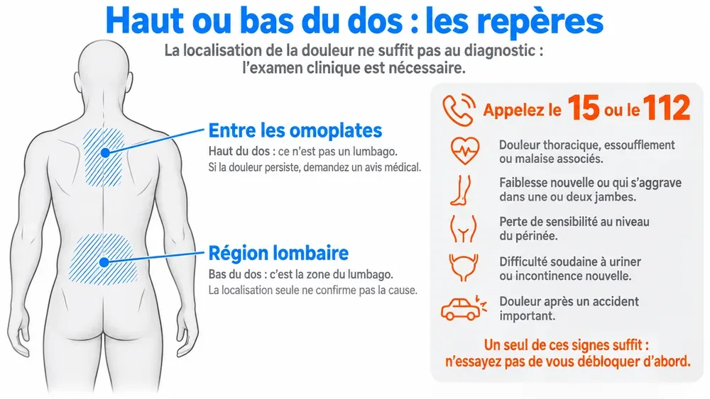 Haut ou bas du dos : les repères. La localisation de la douleur ne suffit pas au diagnostic : l’examen clinique est nécessaire.