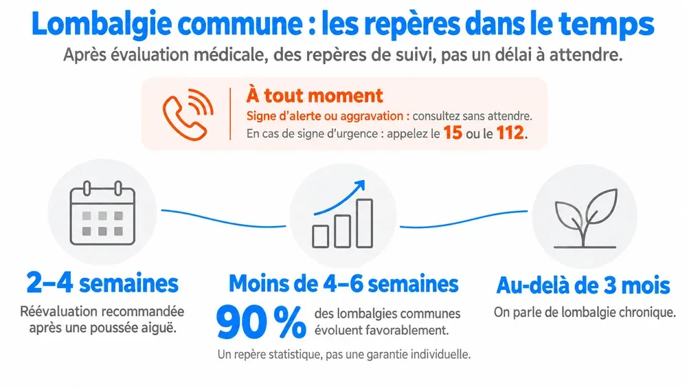 Lombalgie commune : les repères dans le temps. Après évaluation médicale, des repères de suivi, pas un délai à attendre.