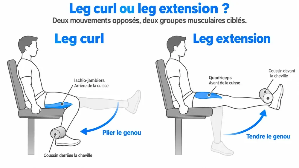 Leg curl ou leg extension ? : deux mouvements opposés, deux groupes musculaires ciblés.