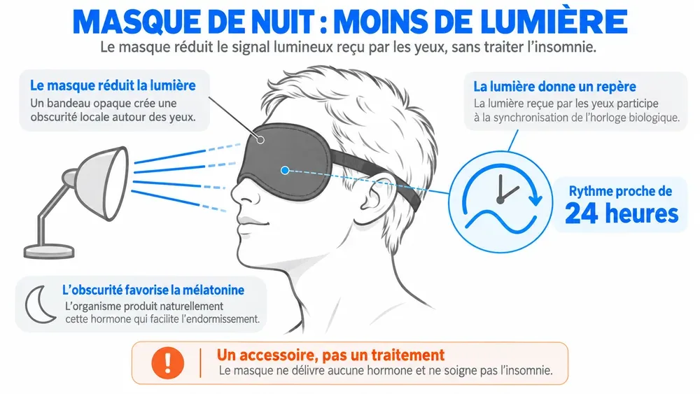 MASQUE DE NUIT : MOINS DE LUMIÈRE. Le masque réduit le signal lumineux reçu par les yeux, sans traiter l’insomnie.
