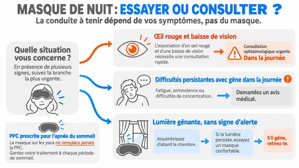 MASQUE DE NUIT : ESSAYER OU CONSULTER ?. La conduite à tenir dépend de vos symptômes, pas du masque.