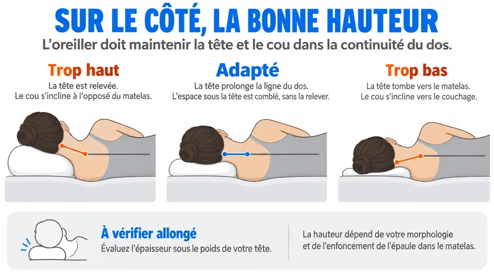 SUR LE CÔTÉ, LA BONNE HAUTEUR : l’oreiller doit maintenir la tête et le cou dans la continuité du dos.