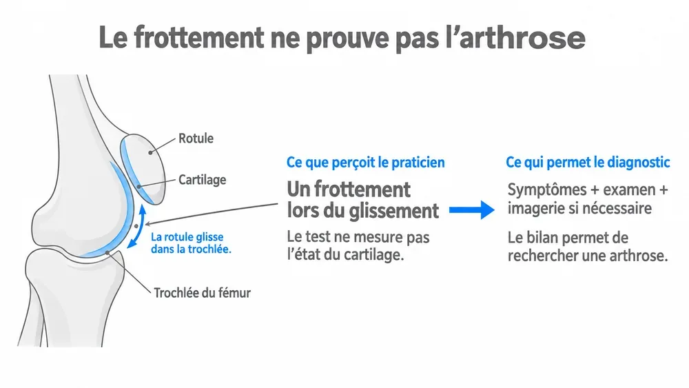 Le frottement ne prouve pas l’arthrose : Entre rotule et fémur, Ce que perçoit le praticien, Ce qui permet le diagnostic