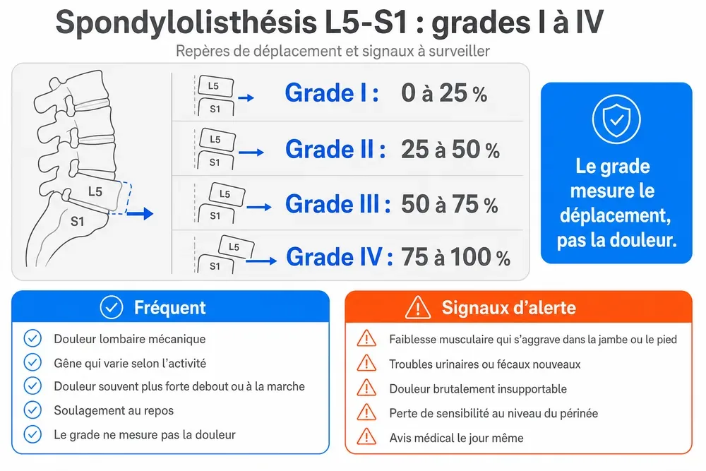 GRADES I À IV : CE QUE LE GRADE DIT VRAIMENT. Le déplacement se mesure en pourcentage, mais il ne prédit pas à lui seul la douleur ni l’urgence.
