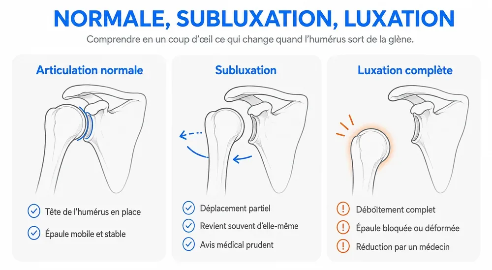 NORMALE, SUBLUXATION, LUXATION : comprendre en un coup d’œil ce qui change quand l’humérus sort de la glène.