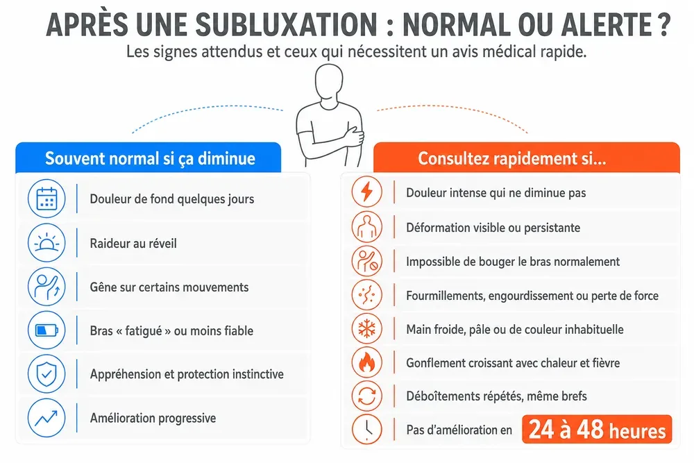 APRÈS UNE SUBLUXATION : NORMAL OU ALERTE ?. Les signes attendus et ceux qui nécessitent un avis médical rapide.