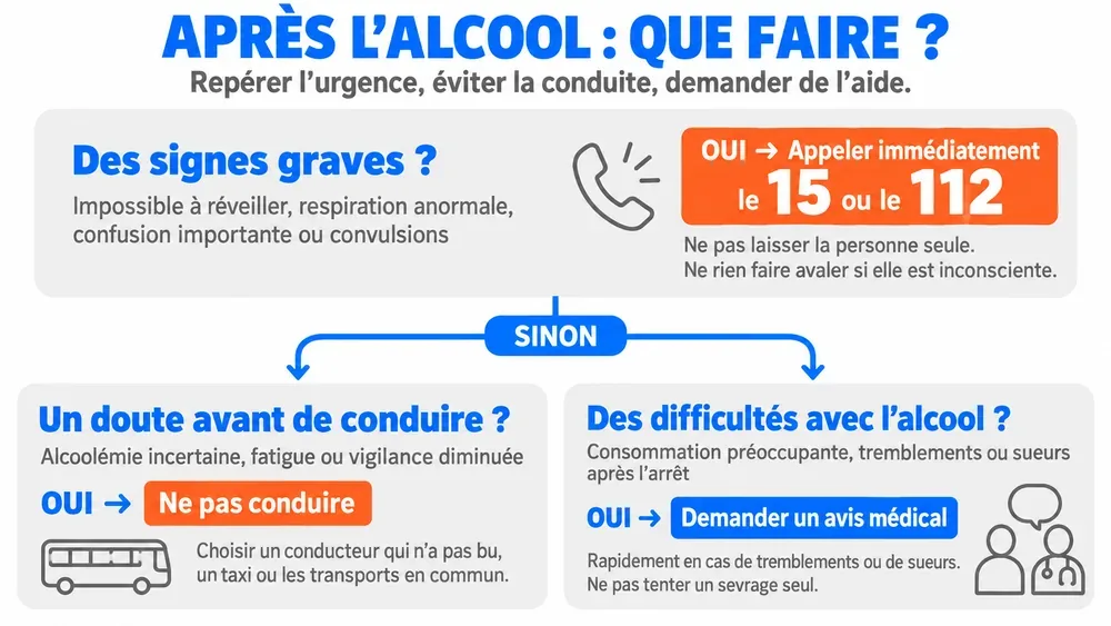 APRÈS L’ALCOOL : QUE FAIRE ?. Repérer l’urgence, éviter la conduite, demander de l’aide.