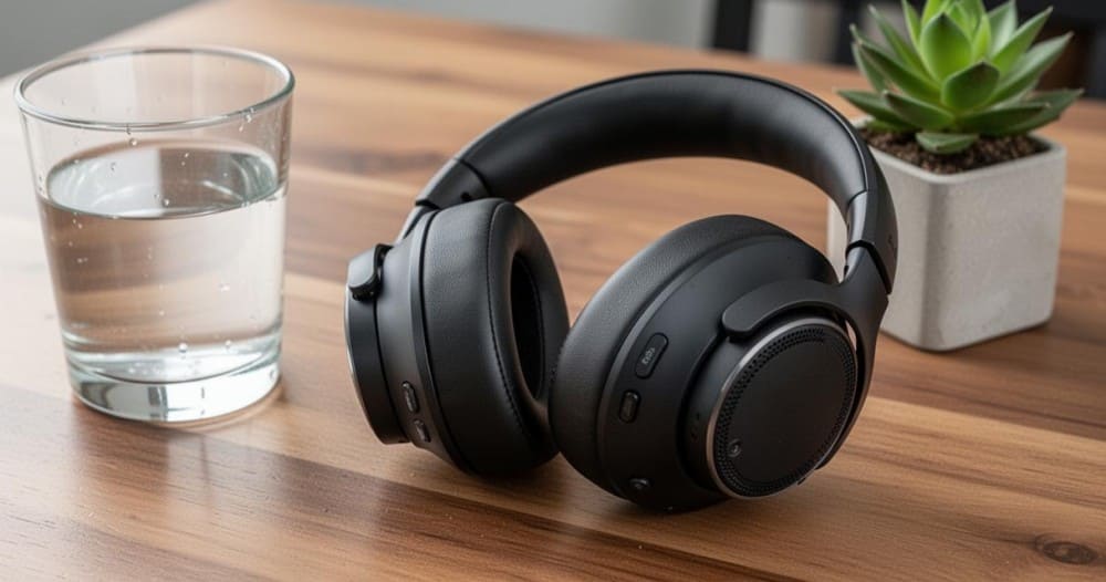 casque et verre d'eau sur une table