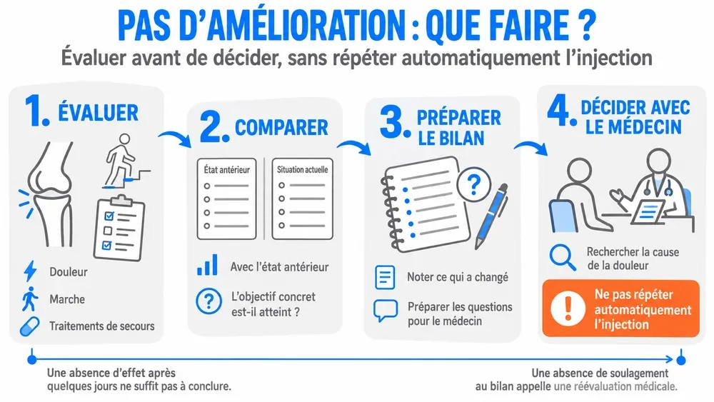 Pas d’amélioration : que faire ?. Évaluer avant de décider, sans répéter automatiquement l’injection