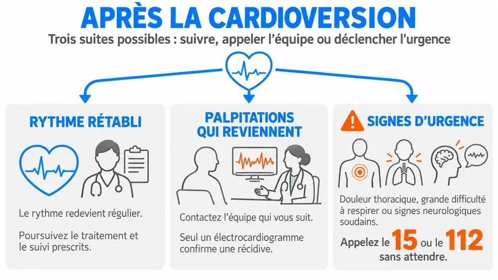 APRÈS LA CARDIOVERSION. Trois suites possibles : suivre, appeler l’équipe ou déclencher l’urgence