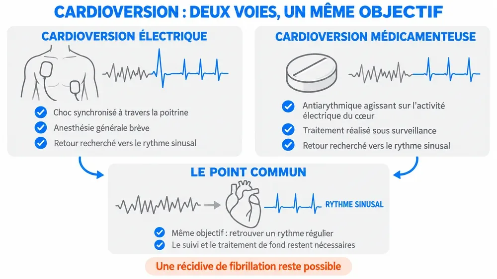 DEUX VOIES, UN MÊME OBJECTIF : la cardioversion vise à restaurer le rythme sinusal, sans empêcher les récidives.