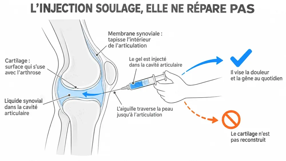 L’injection soulage, elle ne répare pas : le gel agit dans la cavité du genou, sans reconstruire le cartilage