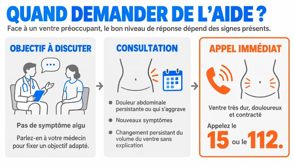 QUAND DEMANDER DE L’AIDE ? : face à un ventre préoccupant, le bon niveau de réponse dépend des signes présents.