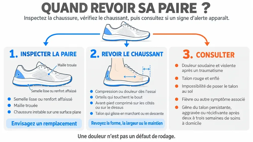Quand revoir sa paire ? : inspectez la chaussure, vérifiez le chaussant, puis consultez si un signe d’alerte apparaît.