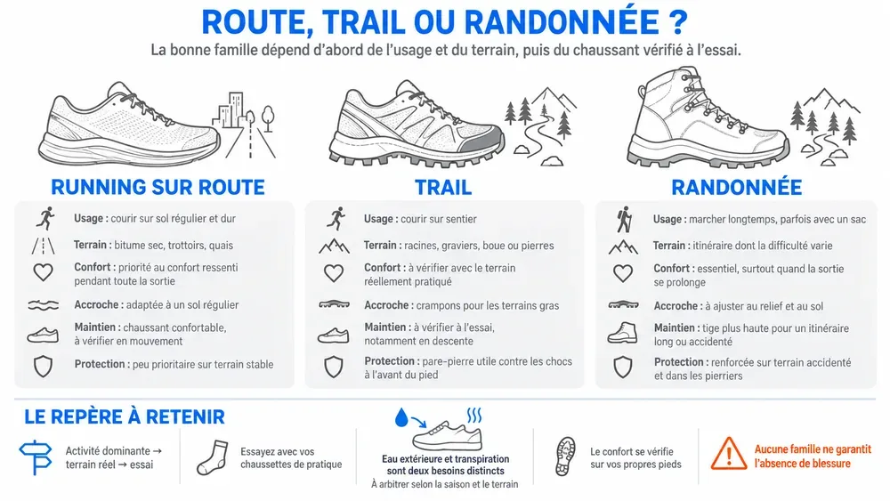 Route, trail ou randonnée ? : la bonne famille dépend d’abord de l’usage et du terrain, puis du chaussant vérifié à l’essai.